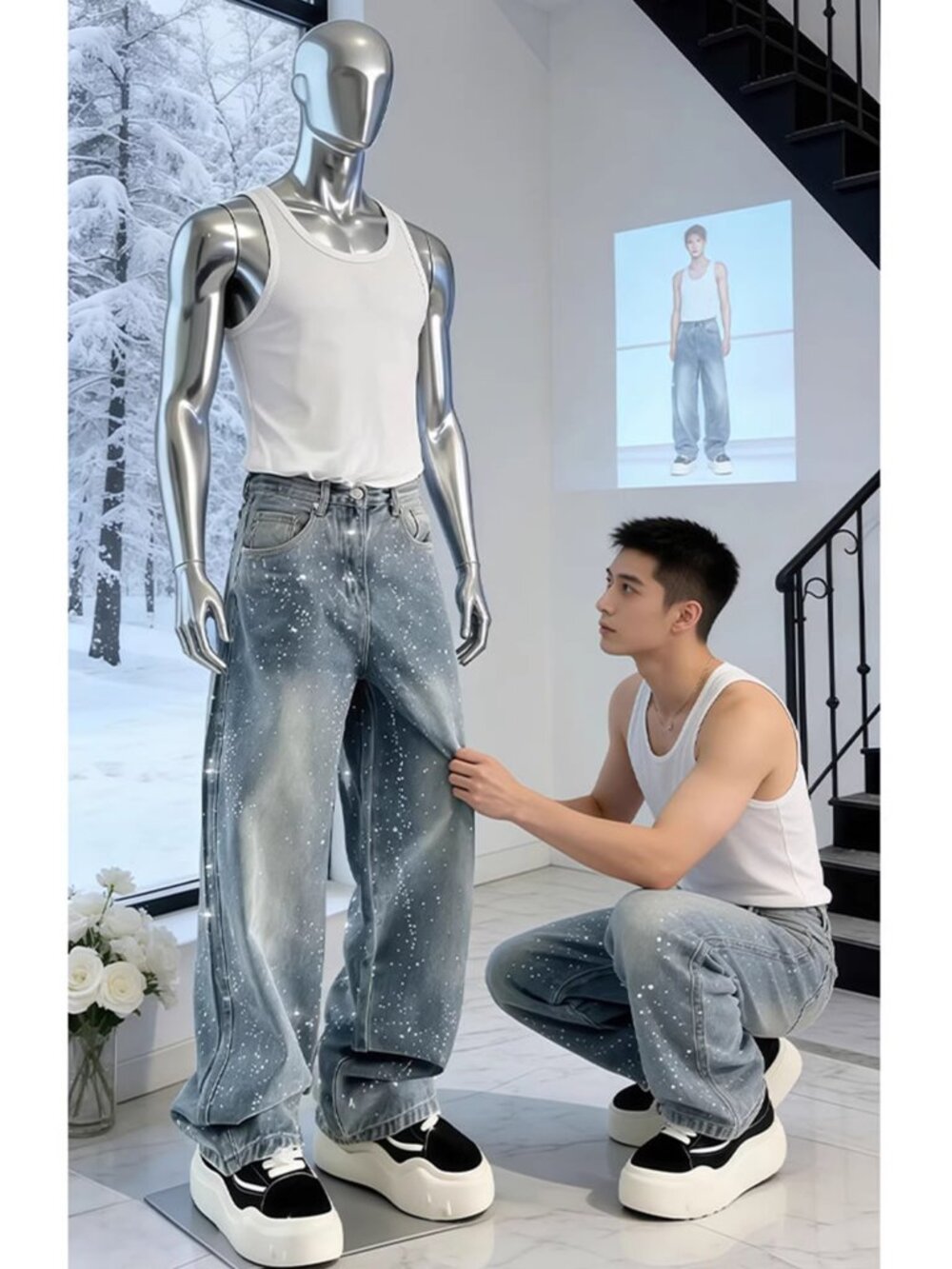 Men’s Rhinestone Wide Leg Jeans Gray Wash Streetwear